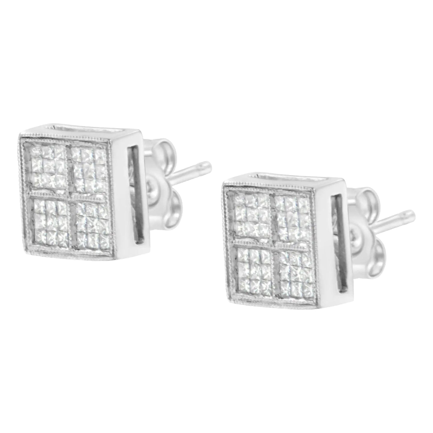 14K White Gold 1/2 Cttw Princess Diamond Composite Box Shape Milgrain Stud Earrings (H-I Color, SI1-SI2 Clarity) - Elegant Emulations
