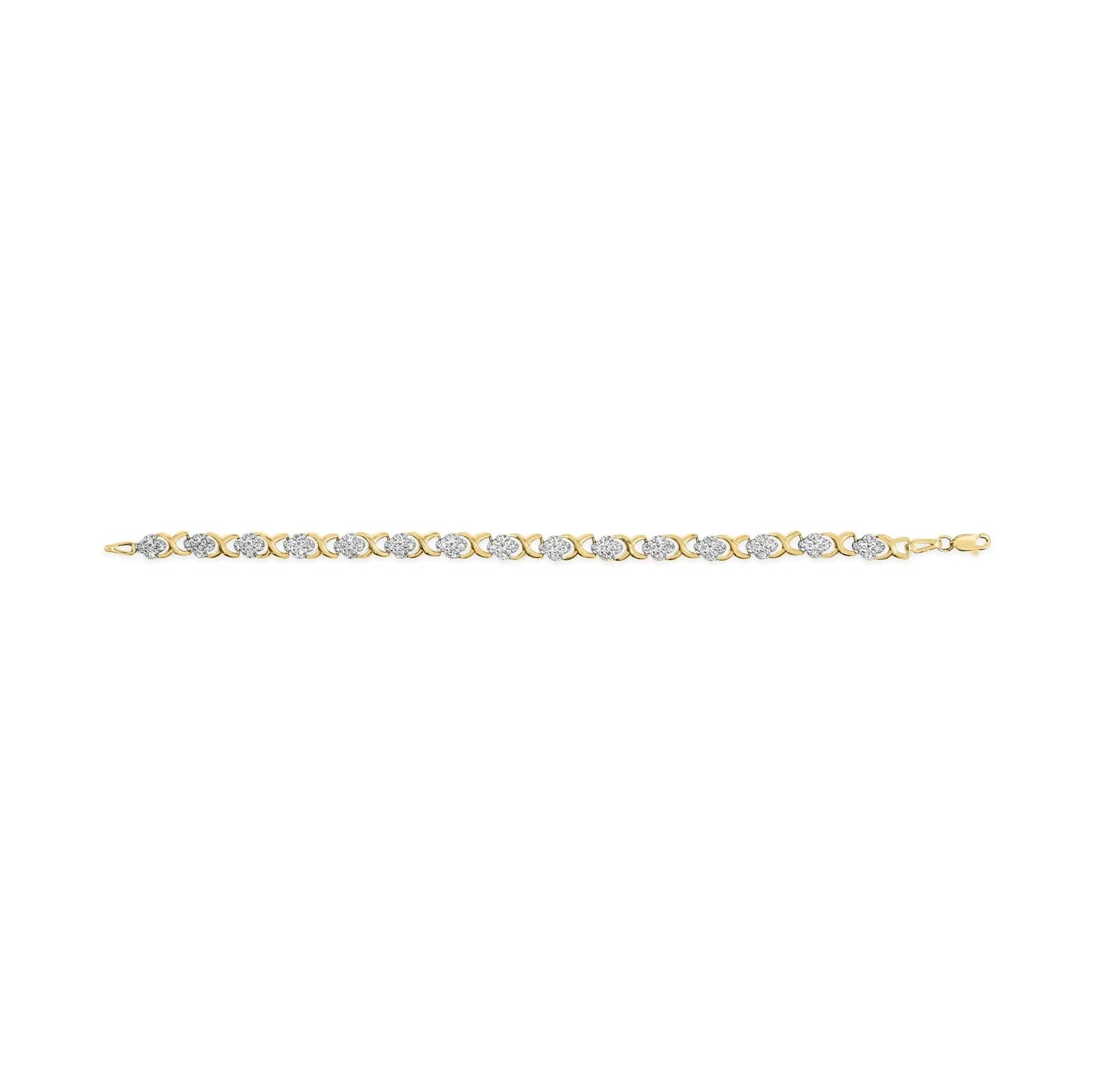 10K Yellow Gold 1.00 Cttw Diamond 5 Stone Floral Cluster and "X" Link 7" Bracelet (I-J Color, I3 Clarity) - Elegant Emulations