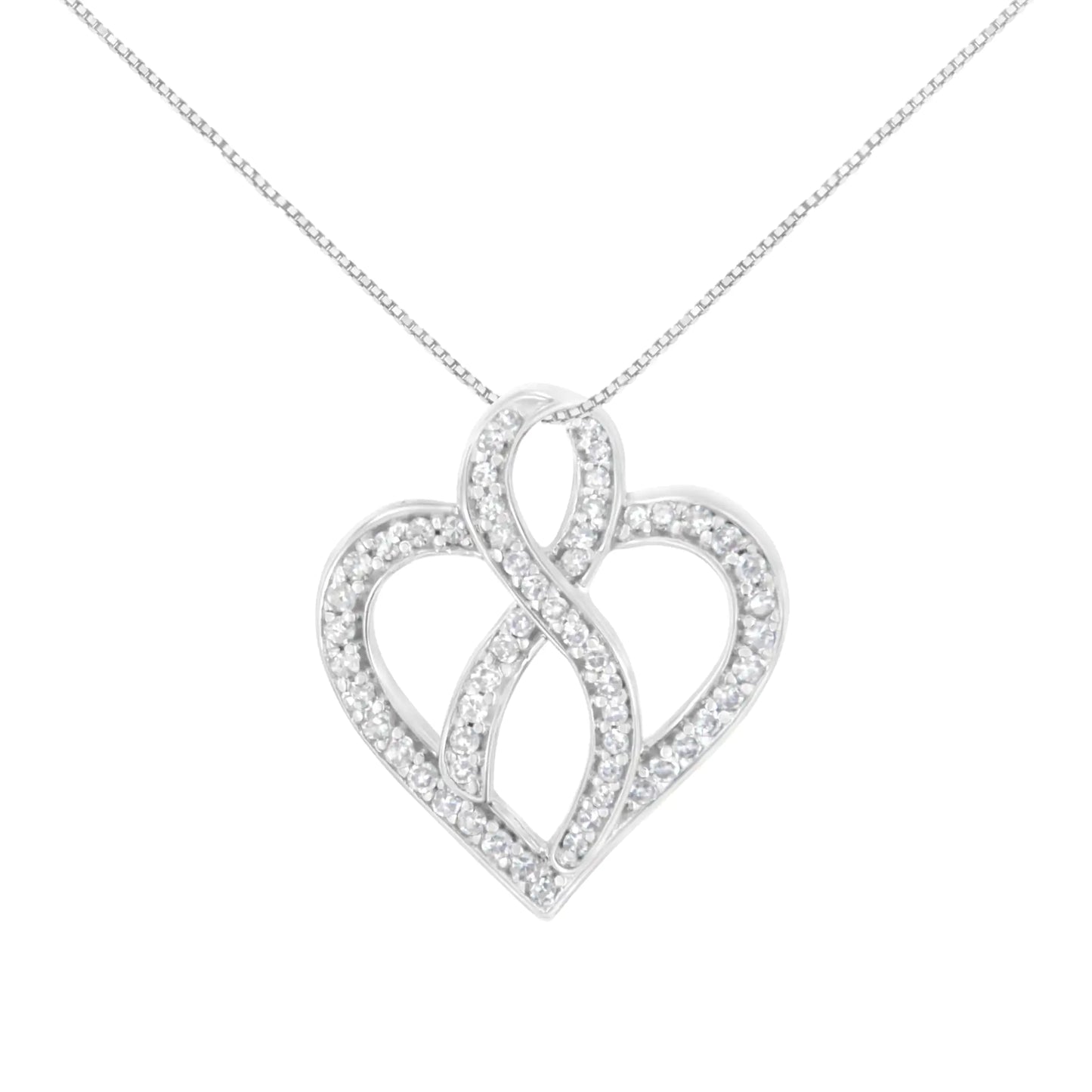 14K White Gold 1/4 cttw Round Cut Diamond Heart and Ribbon Center Pendant Necklace (H-I, I1-I2) - Elegant Emulations