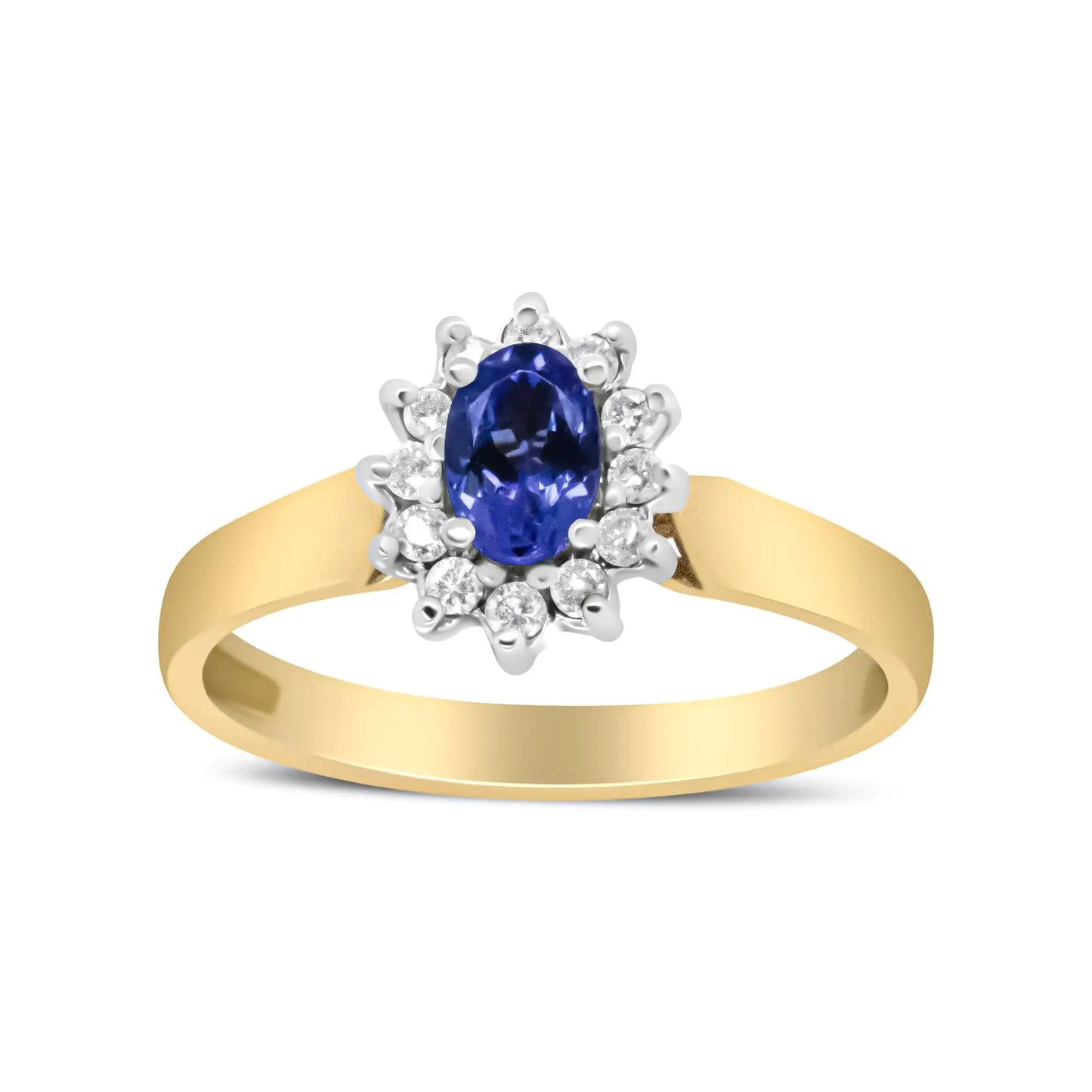 14K Yellow Gold 1/5 Cttw Round Diamond and 6x4mm Oval Blue Tanzanite Halo Ring (H-I Color, I1-I2 Clarity) - Elegant Emulations