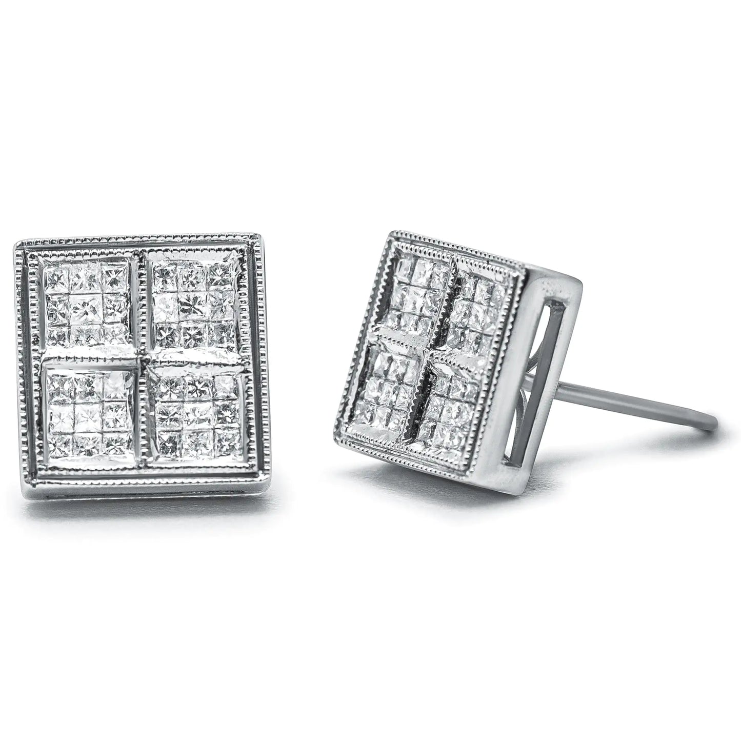 14K White Gold 1/2 Cttw Princess Diamond Composite Box Shape Milgrain Stud Earrings (H-I Color, SI1-SI2 Clarity) - Elegant Emulations