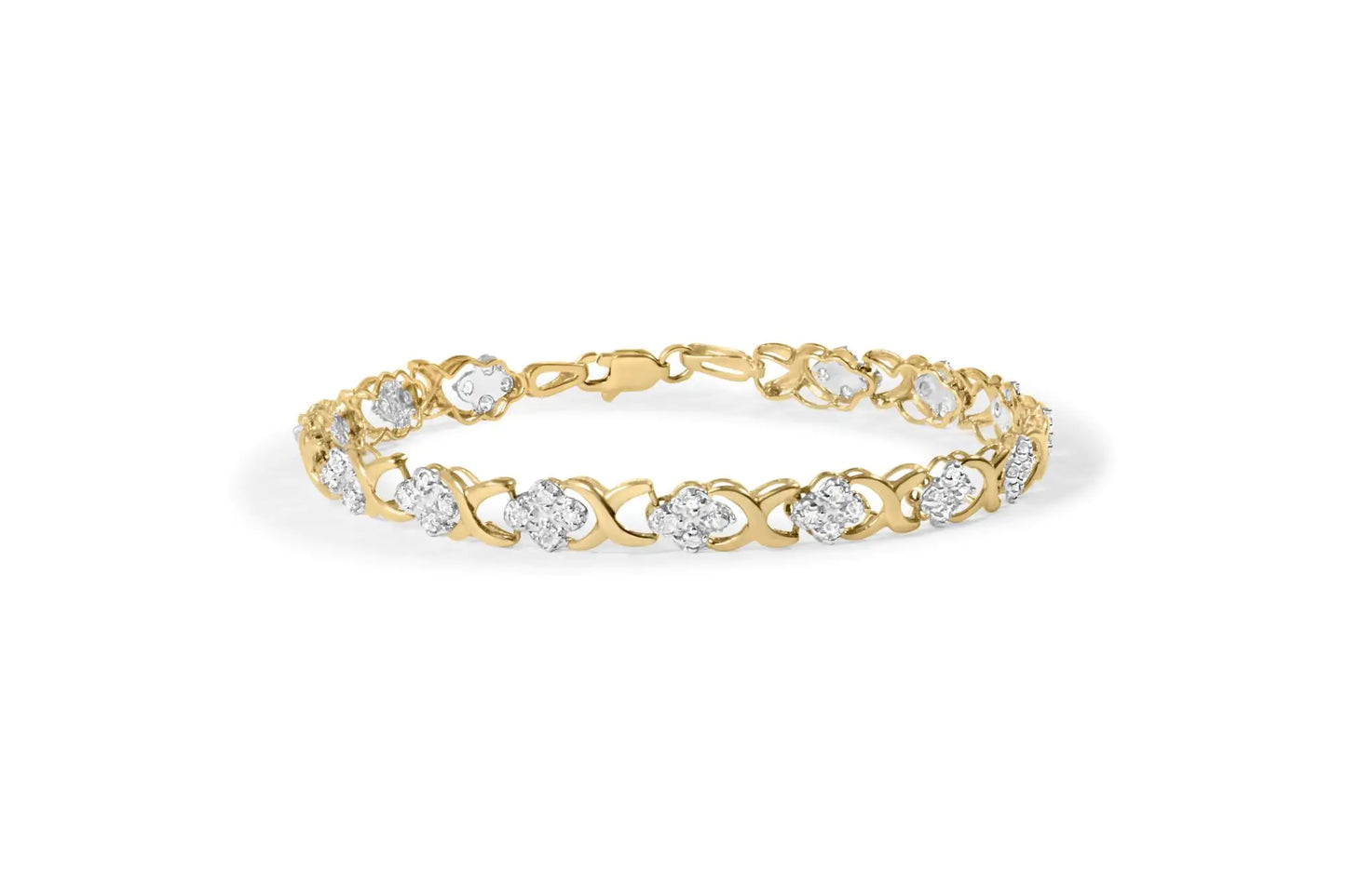 10K Yellow Gold 1.00 Cttw Diamond 5 Stone Floral Cluster and "X" Link 7" Bracelet (I-J Color, I3 Clarity) - Elegant Emulations