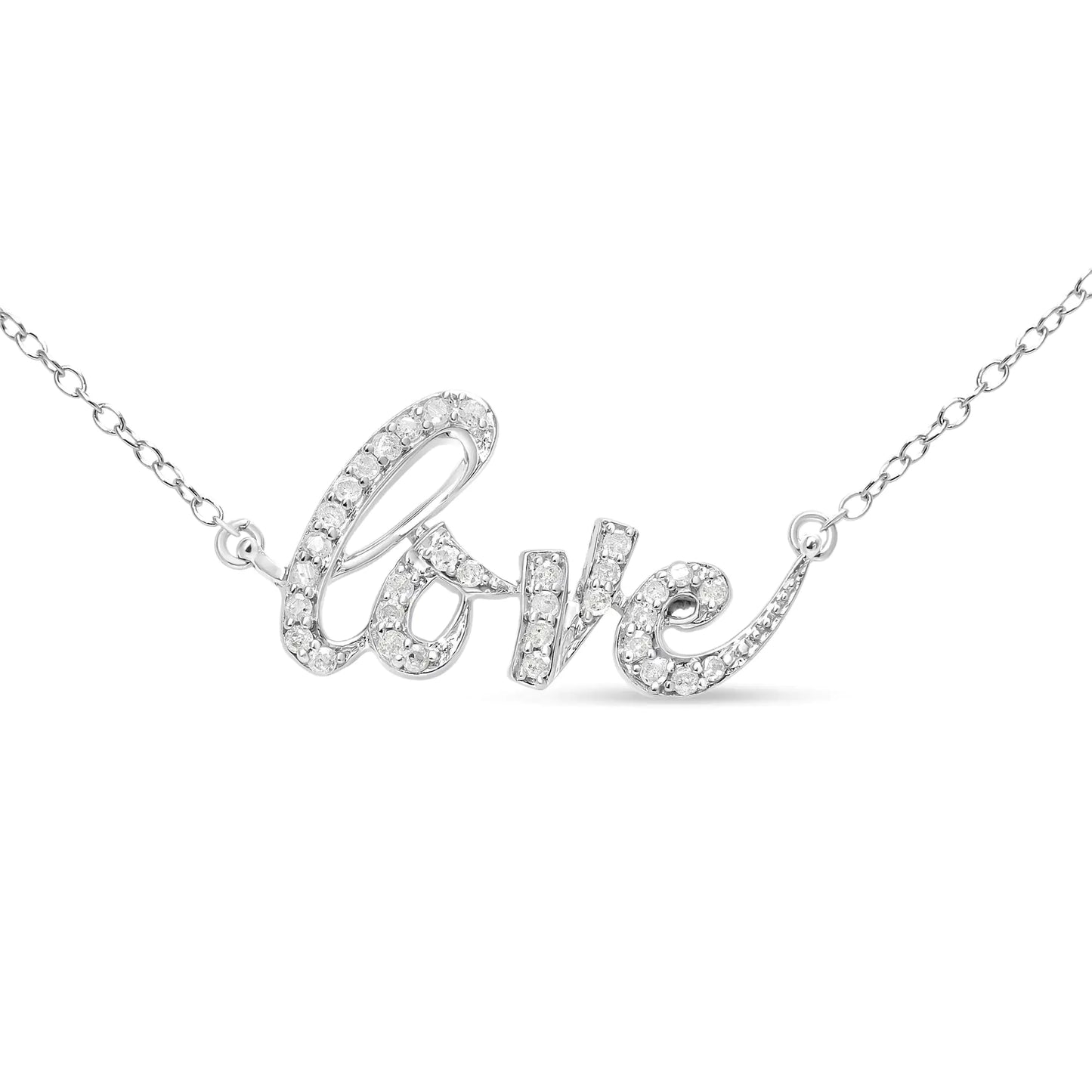 .925 Sterling Silver 1/5 Cttw Round Diamond Love 18" Pendant Necklace (I-J Color, I2-I3 Clarity) - Elegant Emulations