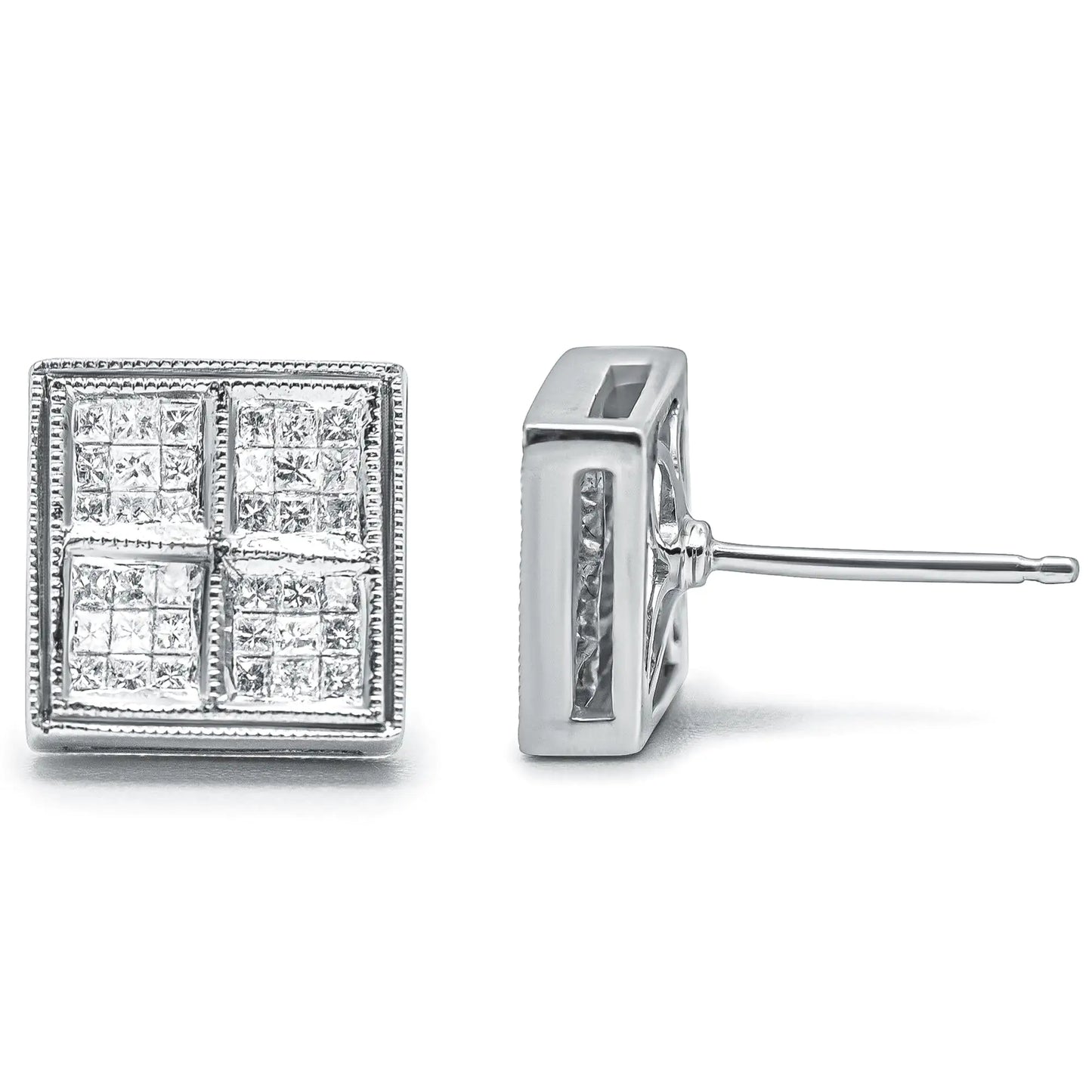 14K White Gold 1/2 Cttw Princess Diamond Composite Box Shape Milgrain Stud Earrings (H-I Color, SI1-SI2 Clarity) - Elegant Emulations
