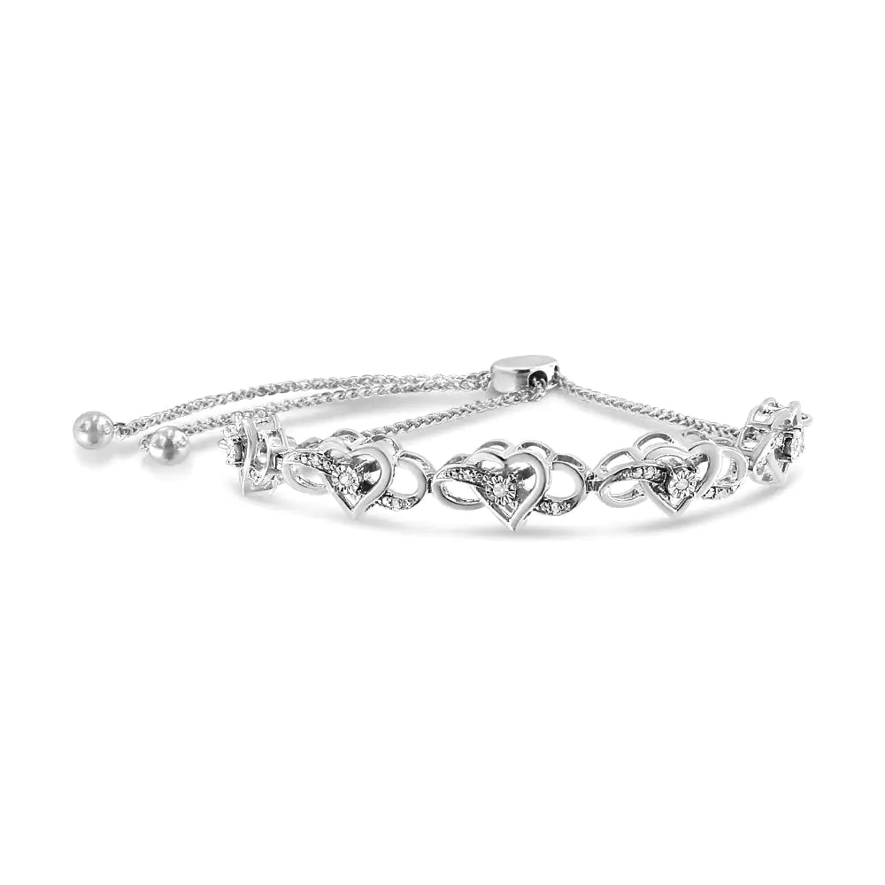 Sterling Silver Diamond Bolo Bracelet – Interlocking Hearts Design