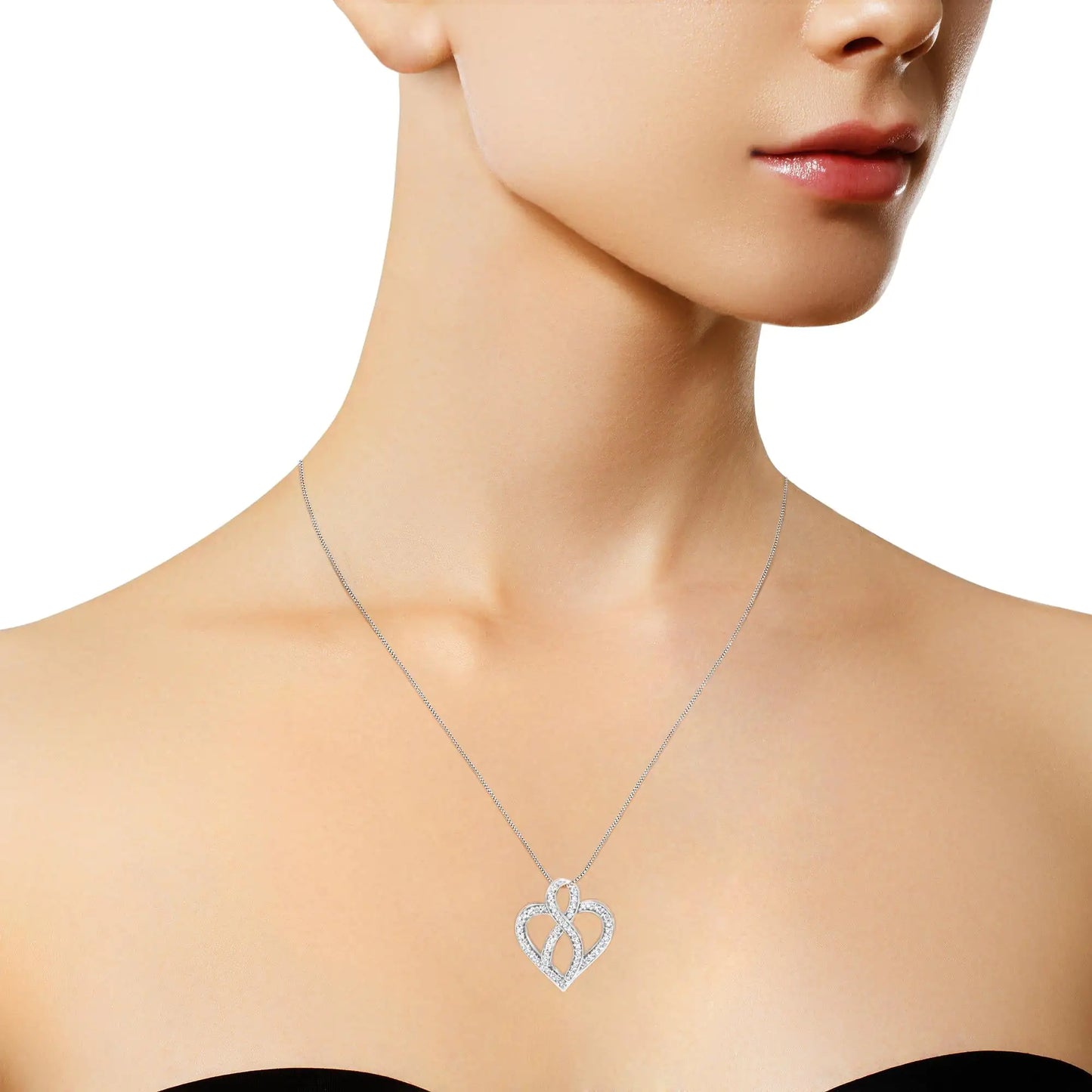 14K White Gold 1/4 cttw Round Cut Diamond Heart and Ribbon Center Pendant Necklace (H-I, I1-I2) - Elegant Emulations