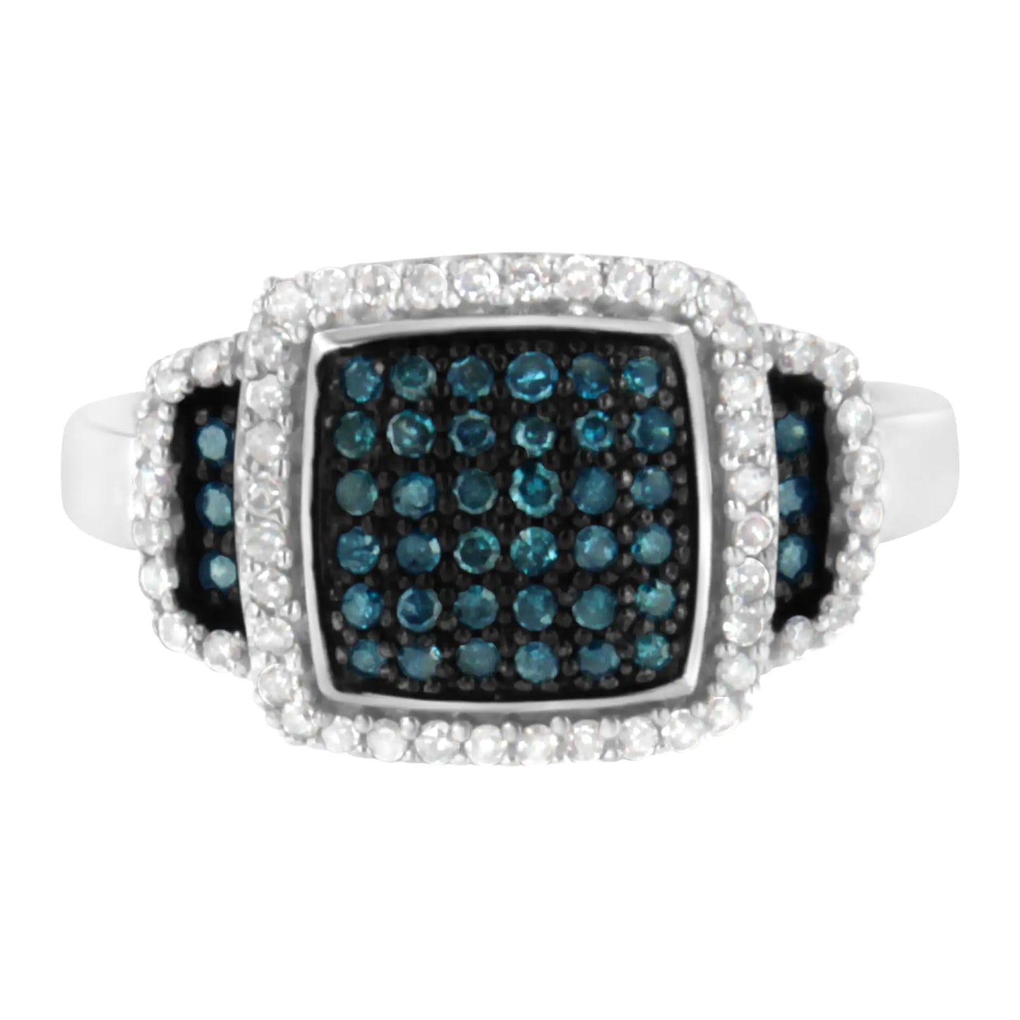 Elegant .925 Sterling Silver Blue & White Diamond Halo Ring
