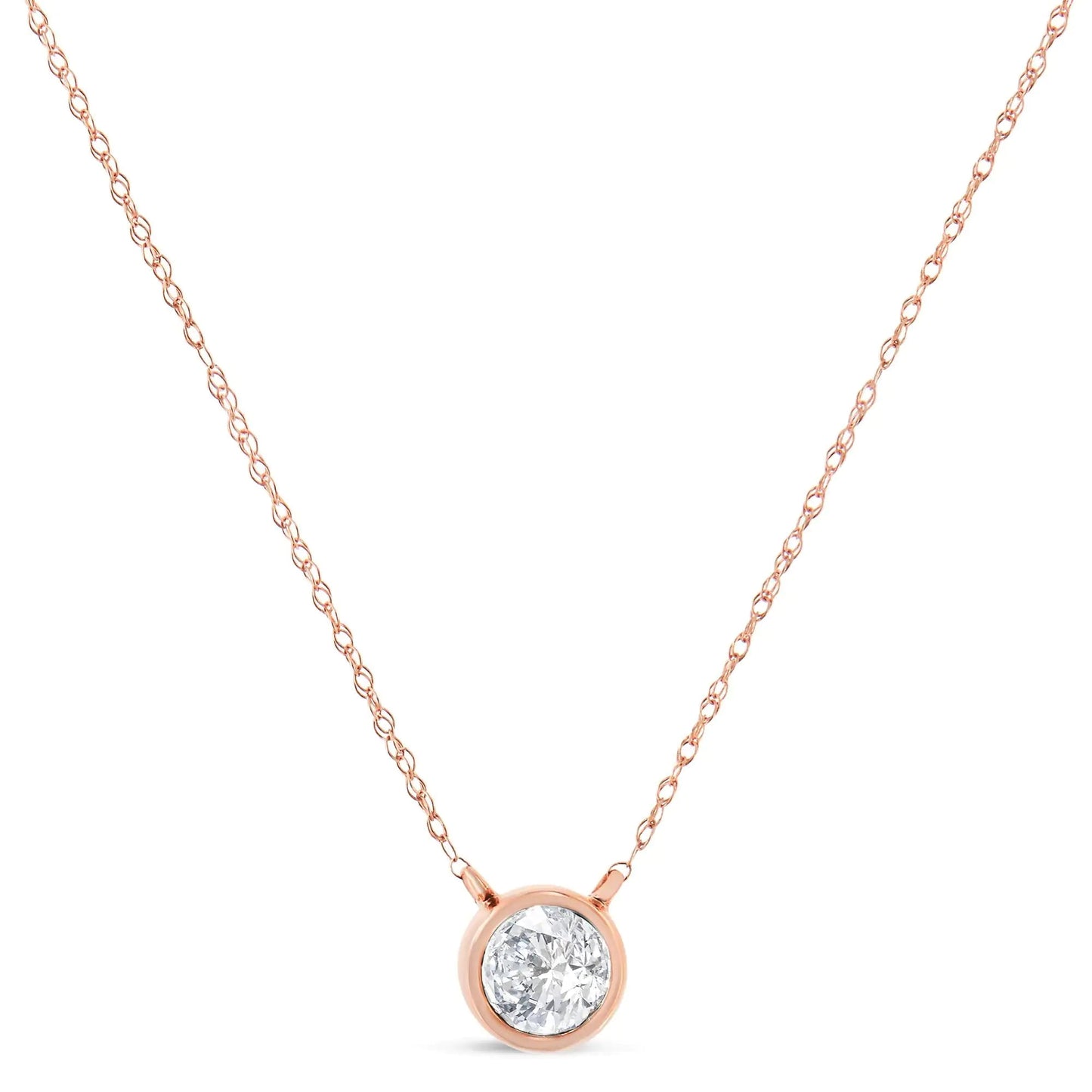 AGS Certified 10K Rose Gold 1/5 Cttw Bezel Set Round Diamond Solitaire 16 - 18" Adjustable Pendant Necklace (I - J Color, VS1 - VS2 Clarity) | | Elegant Emulations Jewelry USA