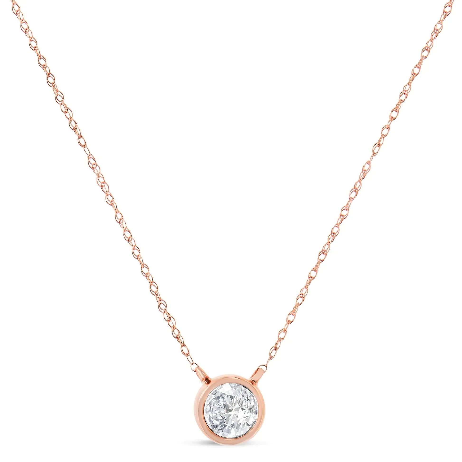 AGS Certified 10K Rose Gold 1/5 Cttw Bezel Set Round Diamond Solitaire 16 - 18" Adjustable Pendant Necklace (I - J Color, VS1 - VS2 Clarity) | | Elegant Emulations Jewelry USA