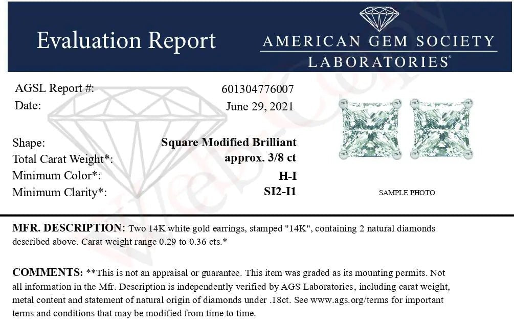 AGS Certified 14K Gold Princess - Cut Diamond Studs (H - I, SI2 - I1) | Earrings | Elegant Emulations Jewelry USA