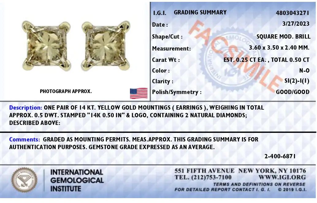AGS Certified Princess Cut Diamond Stud Earrings – 14K Gold | Earrings | Elegant Emulations Jewelry USA