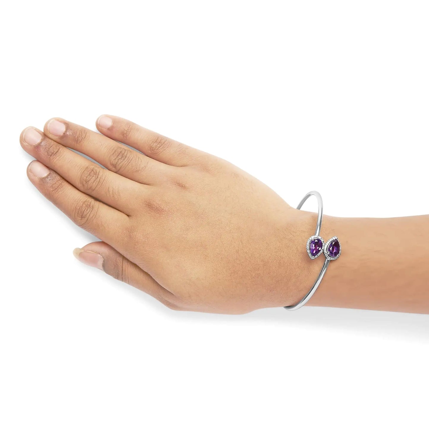 .925 Sterling Silver 8 x 5.5mm Pear Shape Amethyst and Diamond Accent Halo Bypass Bangle Bracelet (H-I Color, SI1-SI2 Clarity) - Fits up to 7" Inches - Elegant Emulations