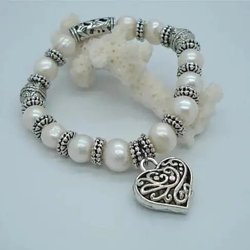 Charming Heart Pearl And Silver Bracelet | | Elegant Emulations Jewelry USA