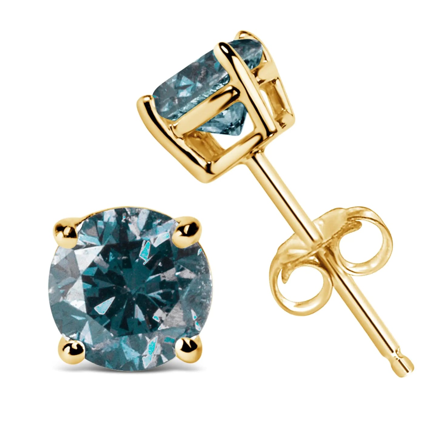 14K Gold Round Brilliant Cut Lab Grown Blue Diamond 4-Prong Classic Solitaire Stud Earrings with Pushbacks - Elegant Emulations