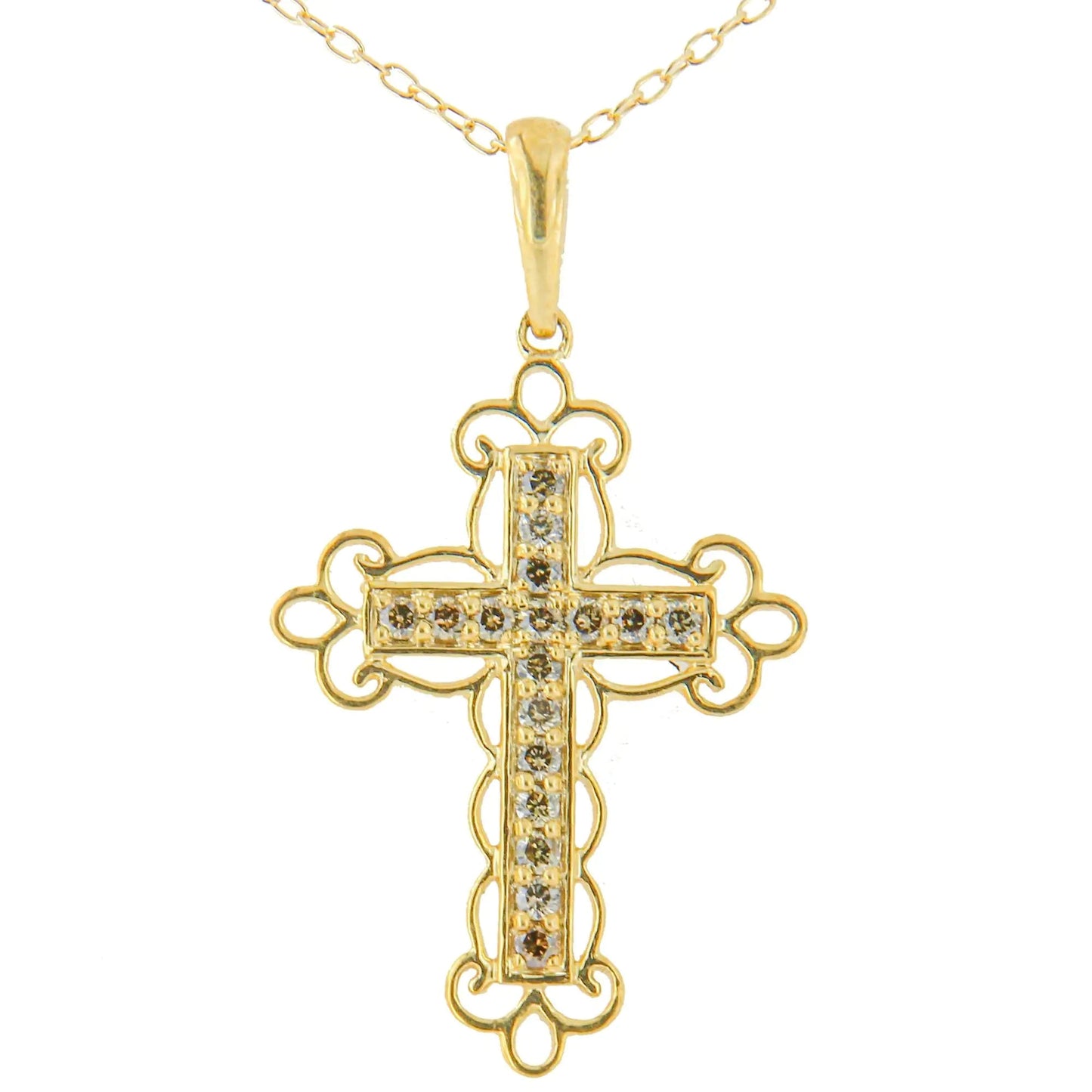 Elegant 10K Yellow Gold - Plated Filigree Cross Diamond Necklace | Necklace | Elegant Emulations Jewelry USA