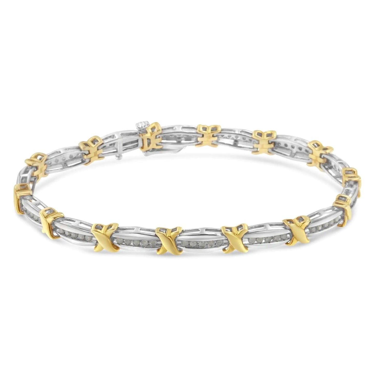 Two-Tone 10K Yellow Gold over .925 Sterling Silver 1.0 Cttw Diamond Channel Set Tapered & X-Link 7" Tennis Bracelet (H-I Color, I2-I3 Clarity) - Elegant Emulations
