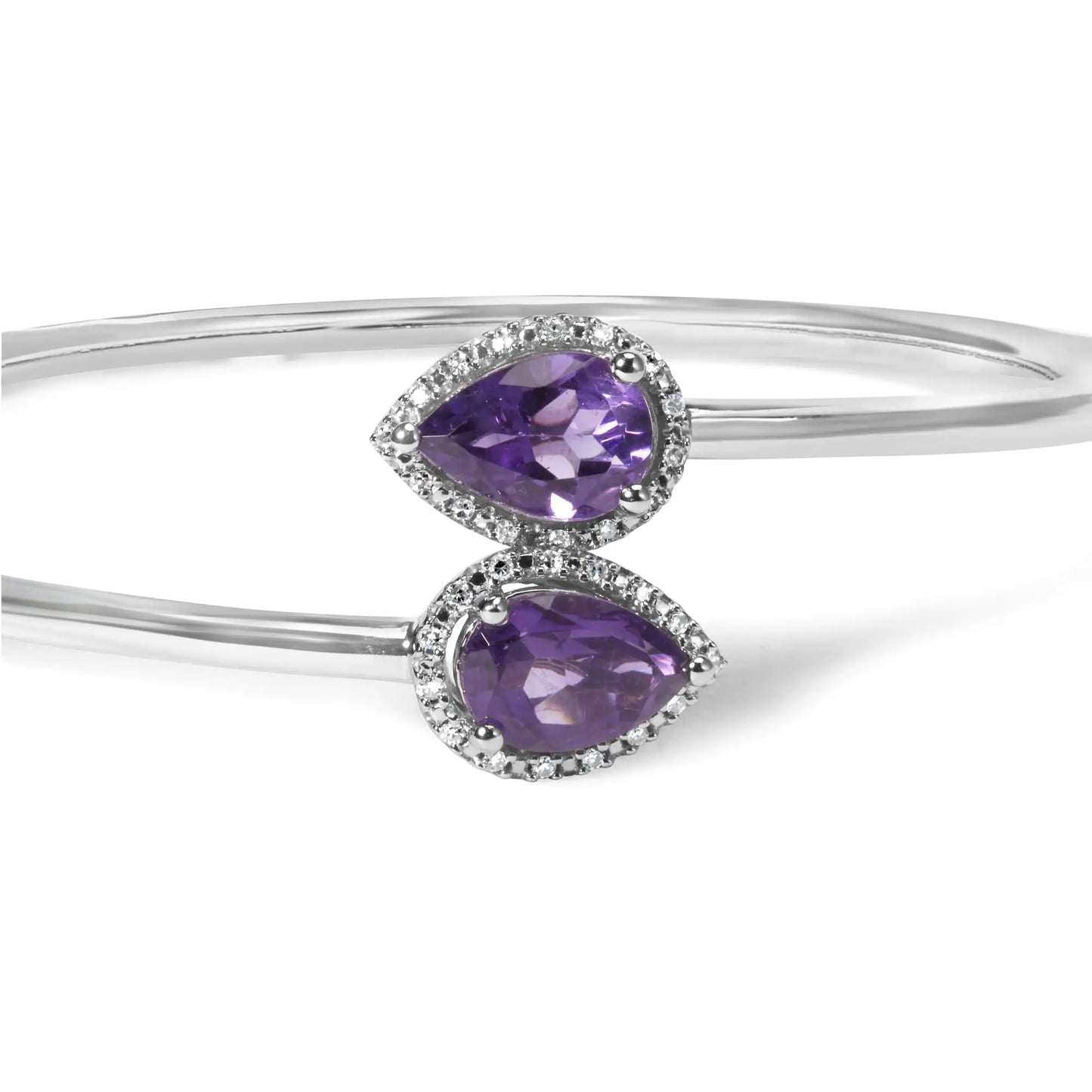 .925 Sterling Silver 8 x 5.5mm Pear Shape Amethyst and Diamond Accent Halo Bypass Bangle Bracelet (H-I Color, SI1-SI2 Clarity) - Fits up to 7" Inches - Elegant Emulations