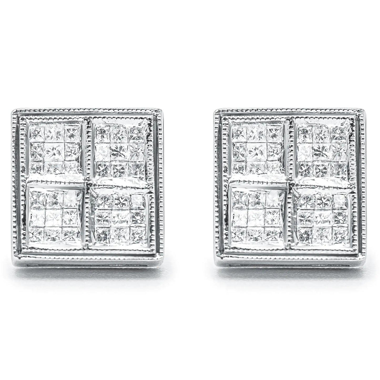 14K White Gold 1/2 Cttw Princess Diamond Composite Box Shape Milgrain Stud Earrings (H-I Color, SI1-SI2 Clarity) - Elegant Emulations