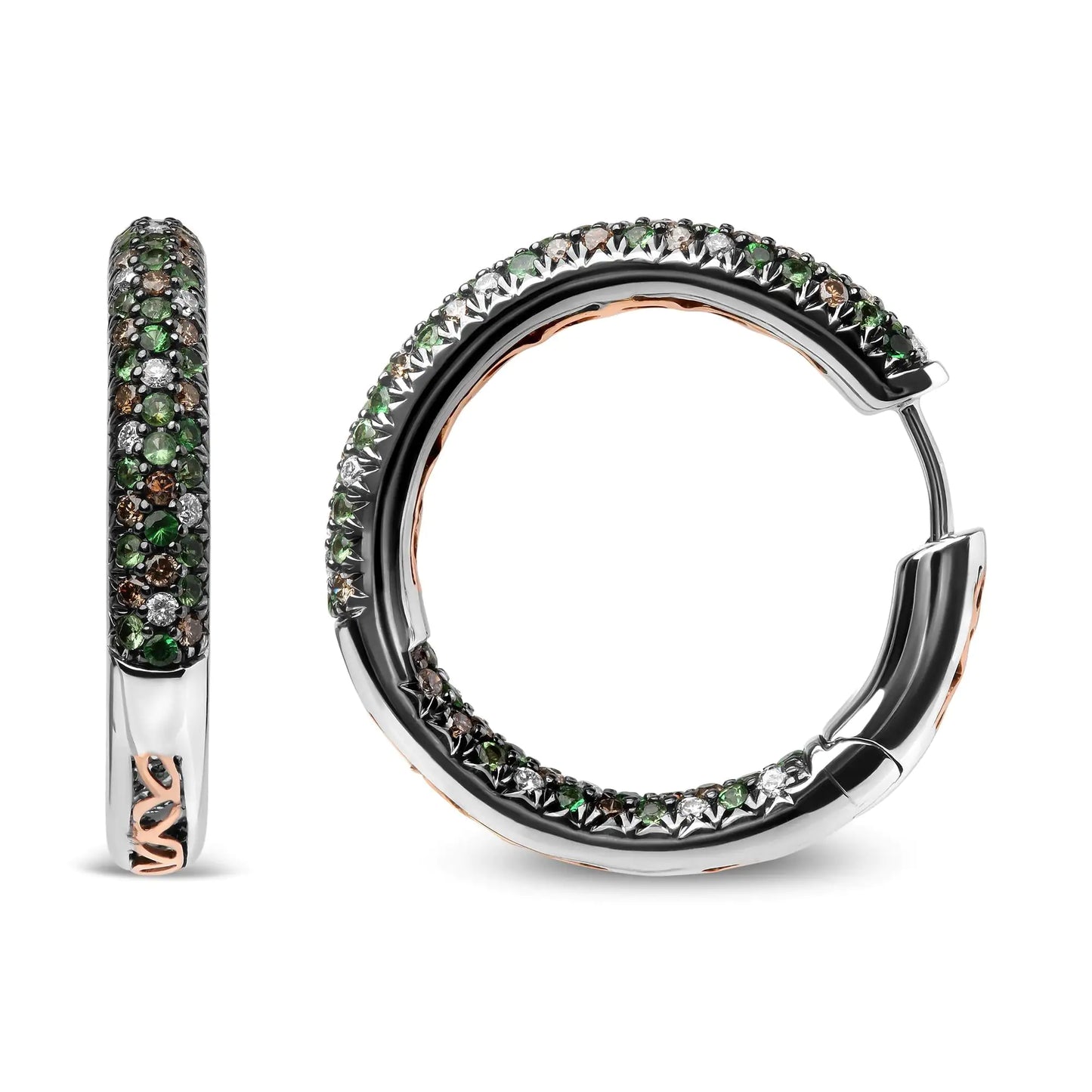 18K White Gold 1.00 Cttw Brown and White Diamond and 1.3mm Round Green Tsavorite Gemstone Inside Outside Hoop Earrings (Brown and G-H Color, SI1-SI2 Clarity) - Elegant Emulations