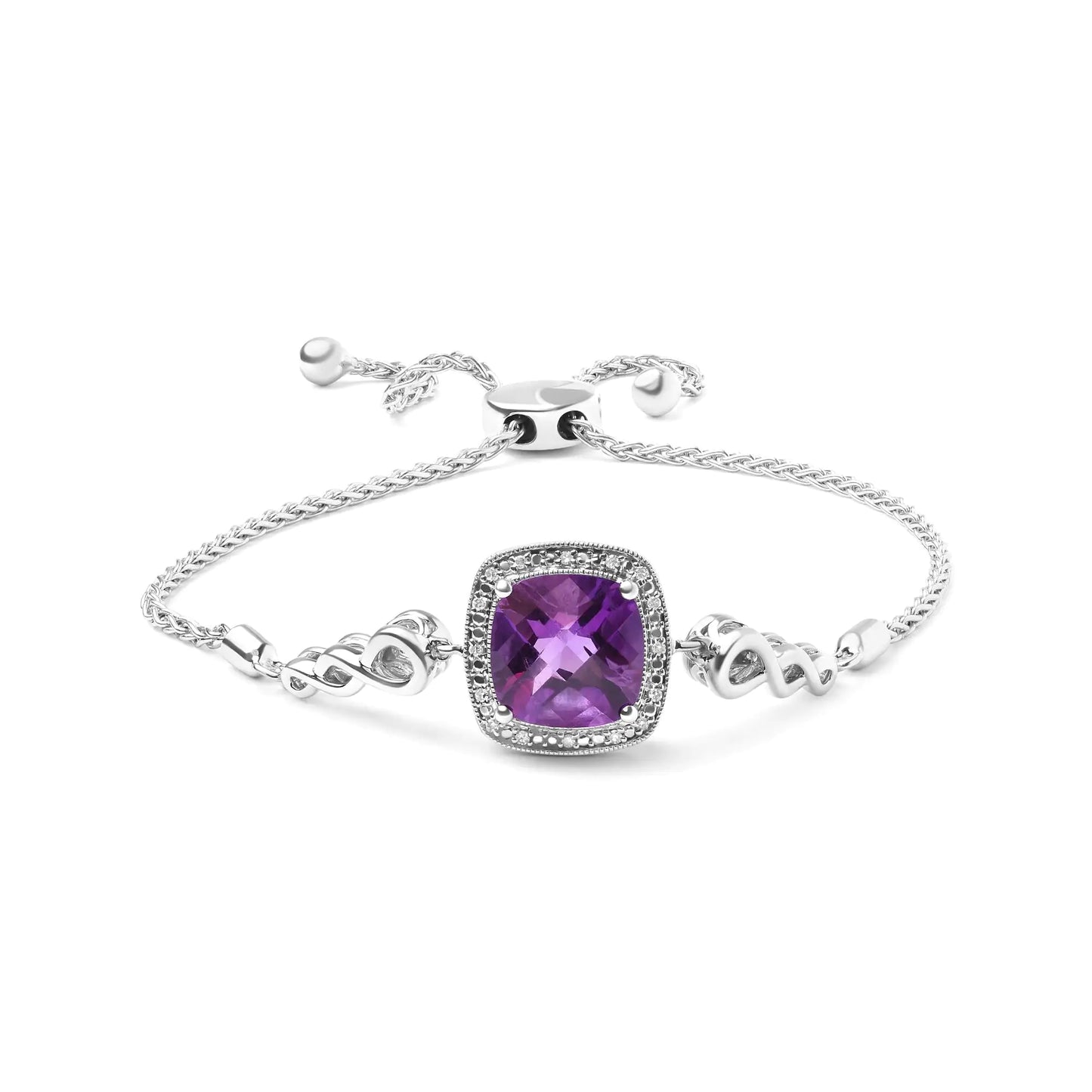 .925 Silver Amethyst Cushion & Diamond Bolo Bracelet