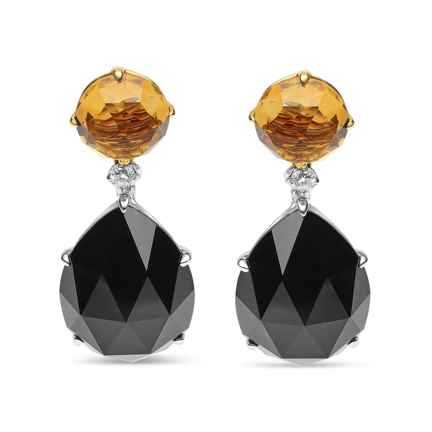 18K White and Yellow Gold 1/5 Cttw Diamond with Round Yellow Citrine and 20x15mm Pear Cut Black Onyx Gemstone Dangle Earring (G-H Color, SI1-SI2 Clarity) - Elegant Emulations