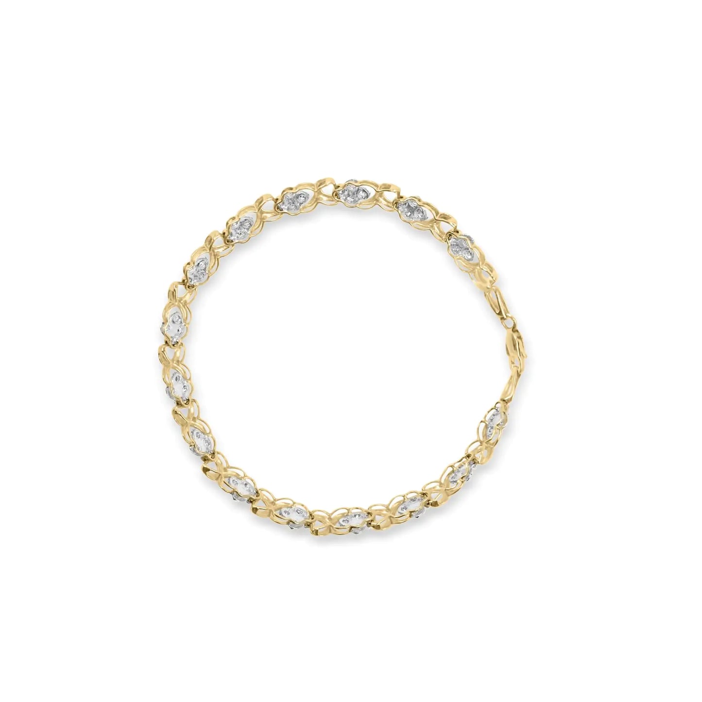 10K Yellow Gold 1.00 Cttw Diamond 5 Stone Floral Cluster and "X" Link 7" Bracelet (I-J Color, I3 Clarity) - Elegant Emulations