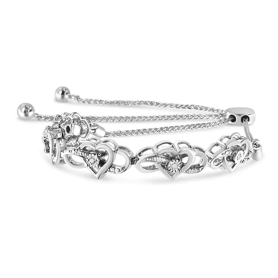 Sterling Silver Diamond Bolo Bracelet – Interlocking Hearts Design