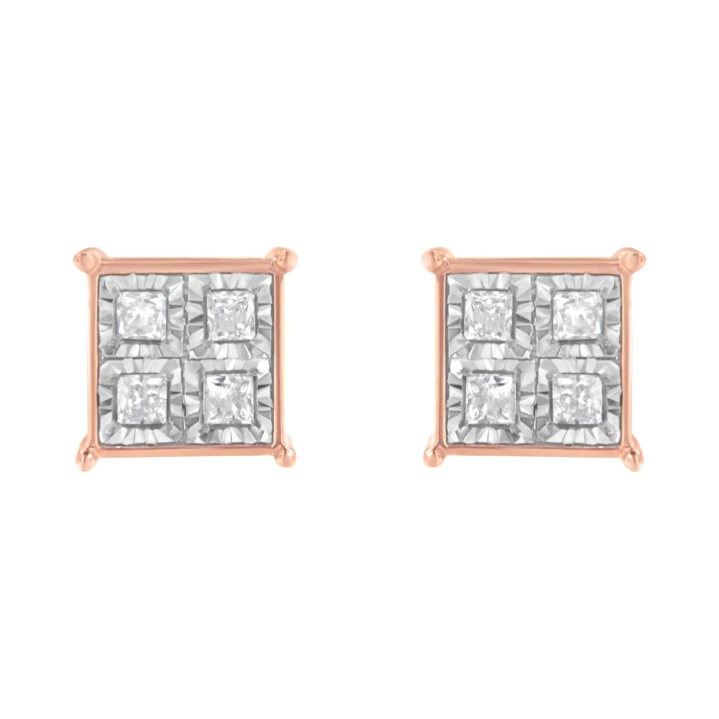 Rose Gold Silver Diamond Square Studs (3/4 cttw) | Earrings | Elegant Emulations Jewelry USA