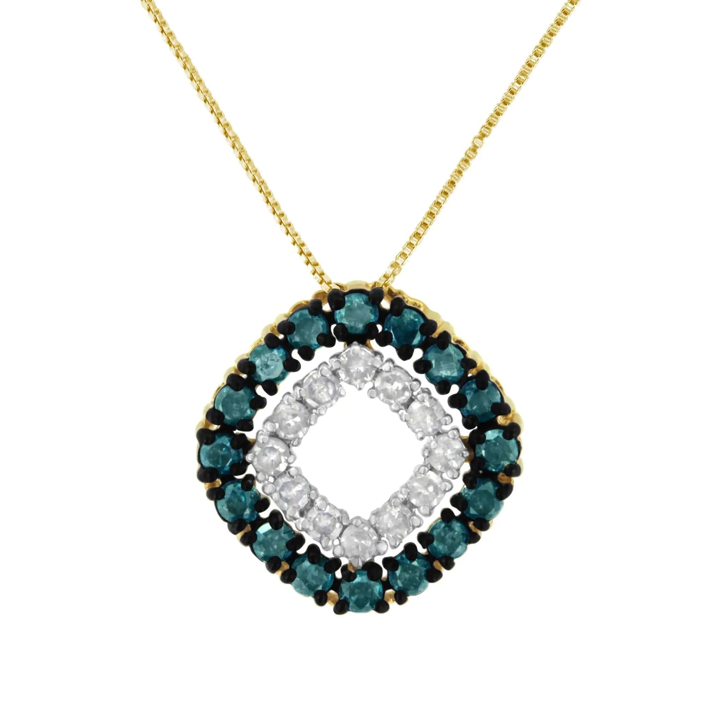 14K Yellow Gold Plated .925 Sterling Silver 1/2 Cttw Color Treated Diamond Square Pendant Necklace (Blue, Yellow, I2-I3 Clarity) - Elegant Emulations