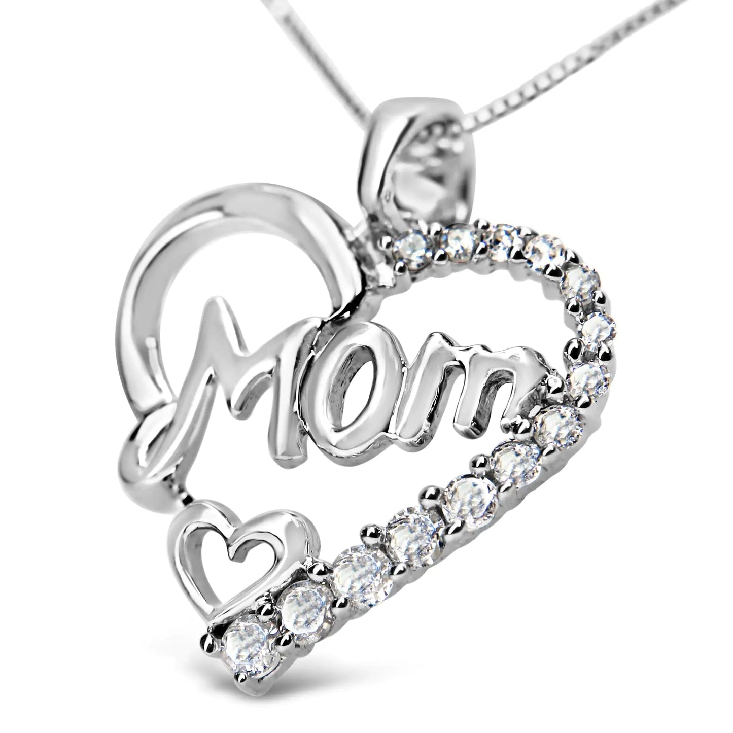 Sterling Silver Diamond 'Mom' Heart Pendant Necklace | Necklace | Elegant Emulations Jewelry USA