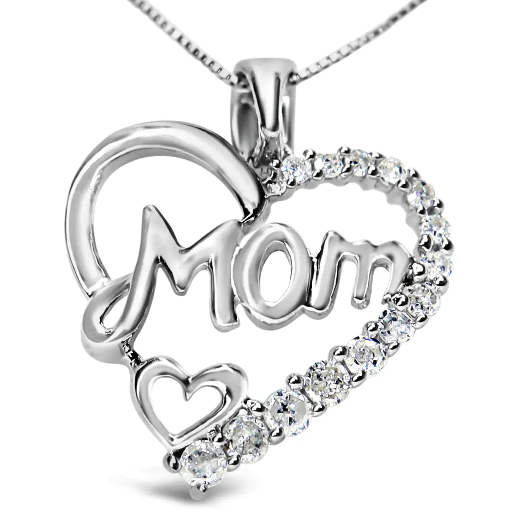 Sterling Silver Diamond 'Mom' Heart Pendant Necklace | Necklace | Elegant Emulations Jewelry USA
