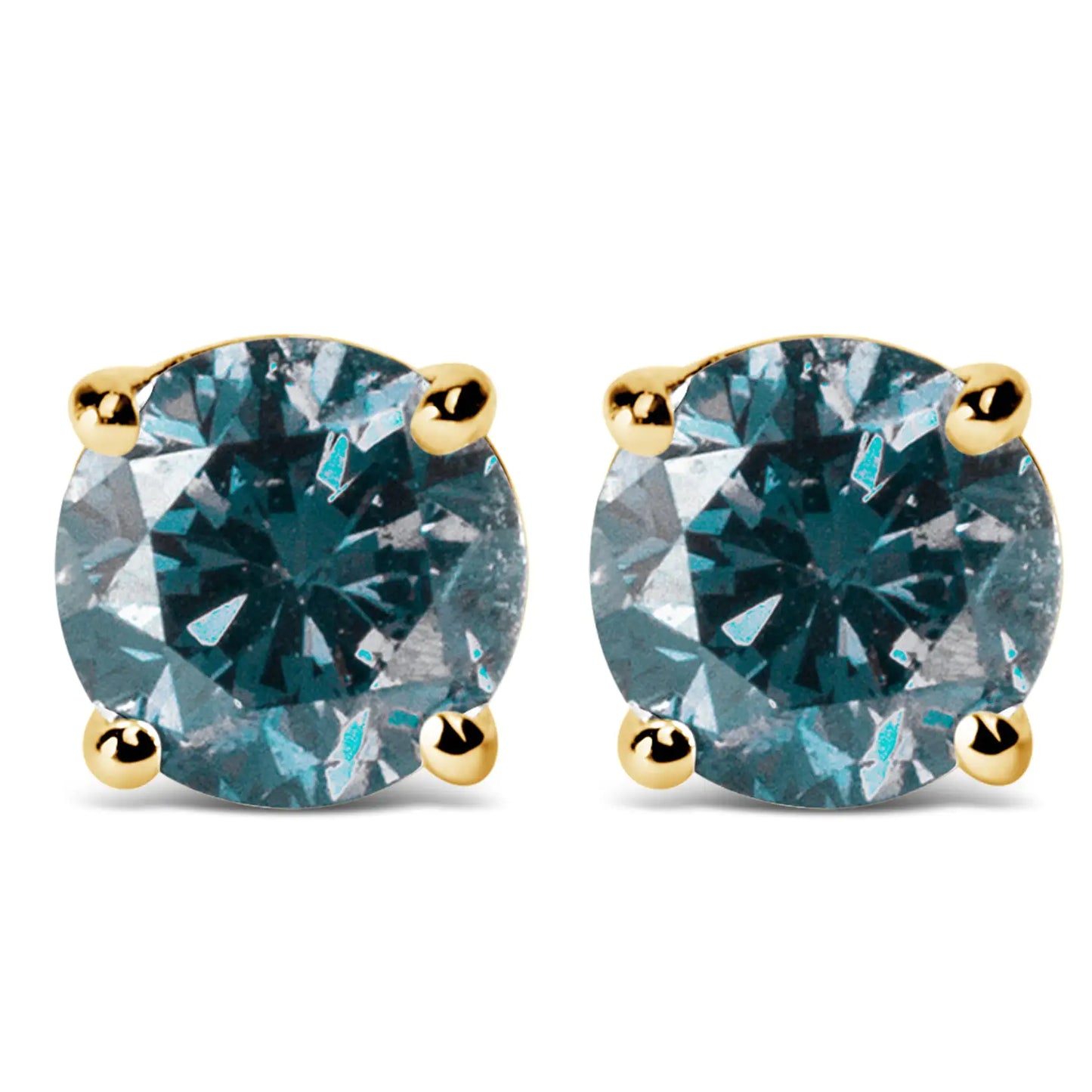 14K Gold Round Brilliant Cut Lab Grown Blue Diamond 4-Prong Classic Solitaire Stud Earrings with Pushbacks - Elegant Emulations