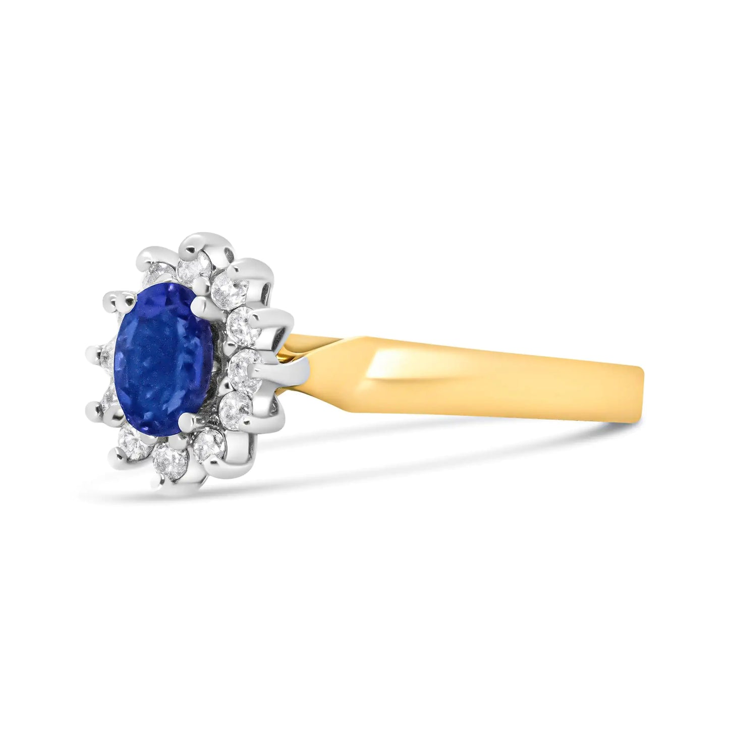 14K Yellow Gold 1/5 Cttw Round Diamond and 6x4mm Oval Blue Tanzanite Halo Ring (H-I Color, I1-I2 Clarity) - Elegant Emulations