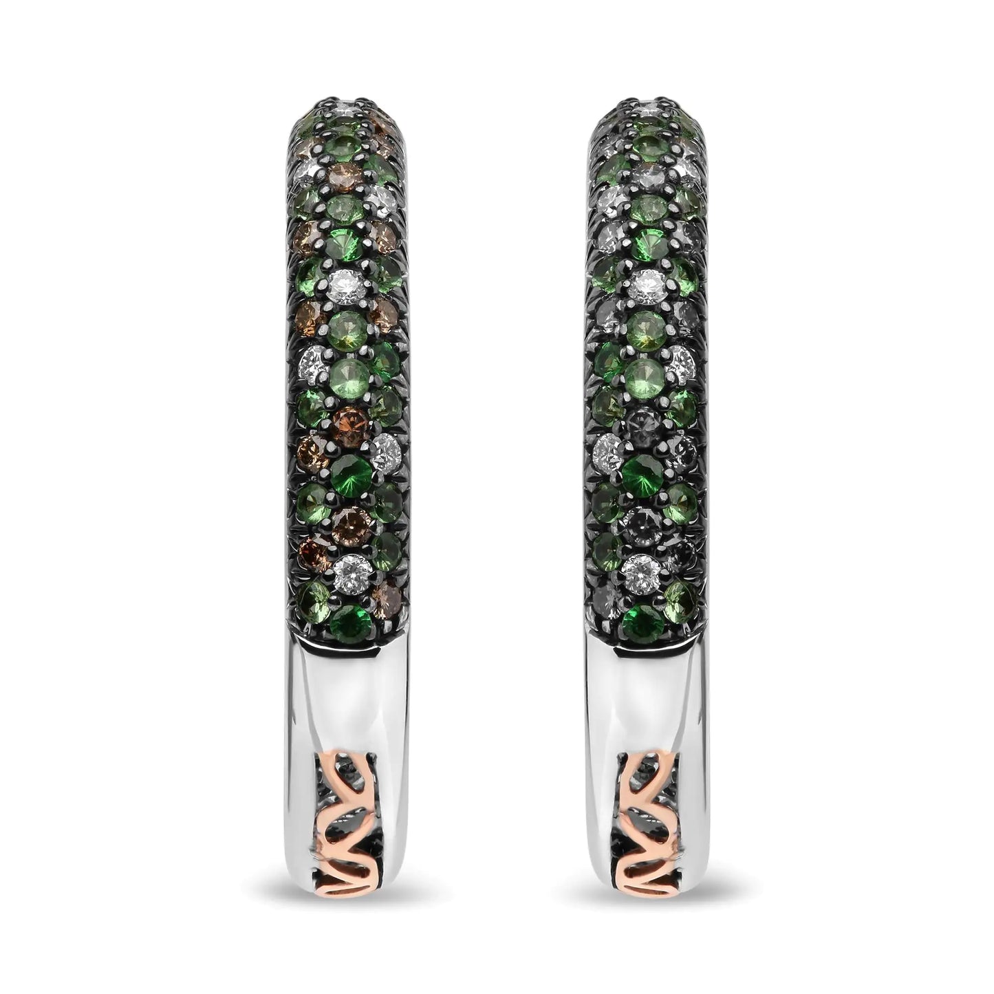 18K White Gold 1.00 Cttw Brown and White Diamond and 1.3mm Round Green Tsavorite Gemstone Inside Outside Hoop Earrings (Brown and G-H Color, SI1-SI2 Clarity) - Elegant Emulations