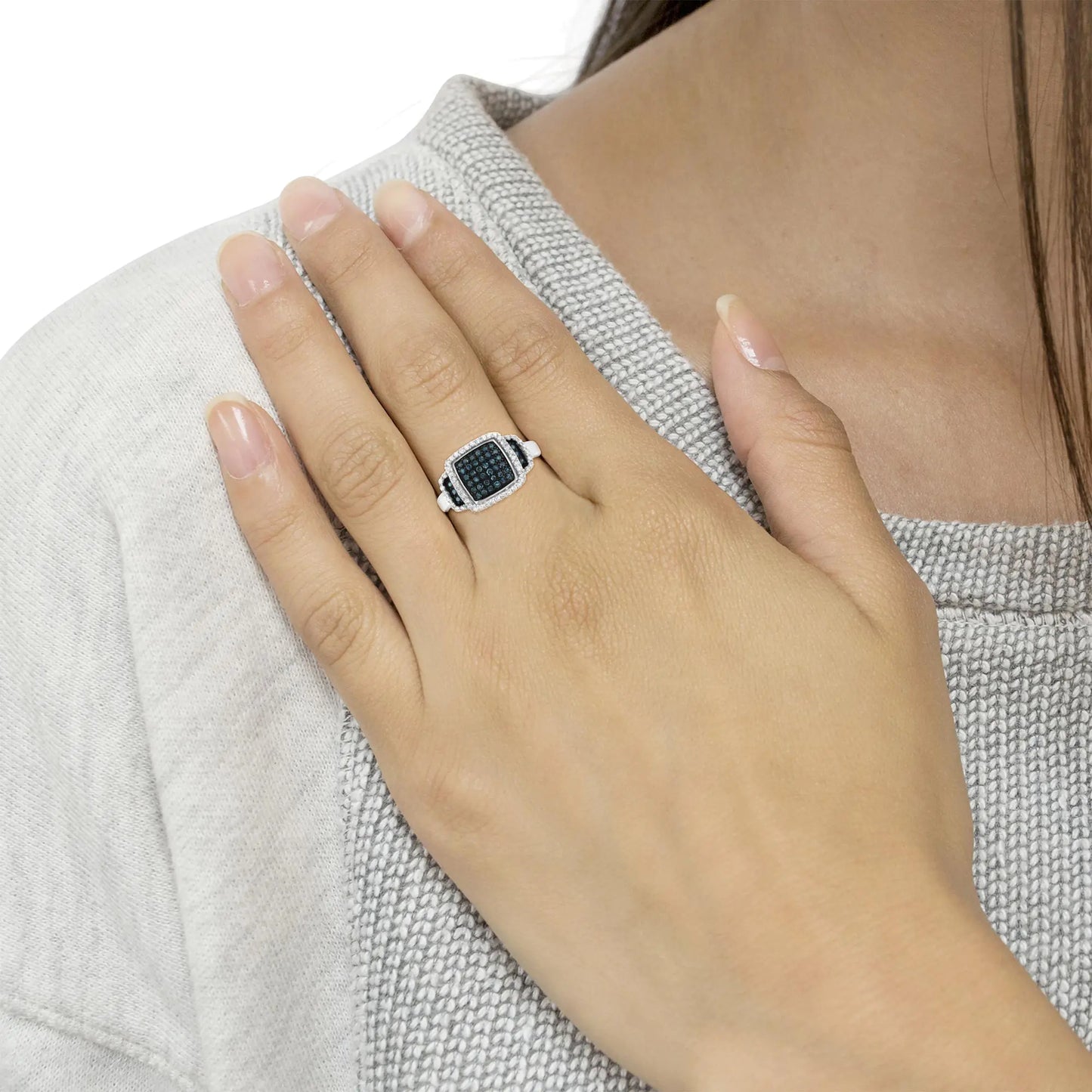 Elegant .925 Sterling Silver Blue & White Diamond Halo Ring