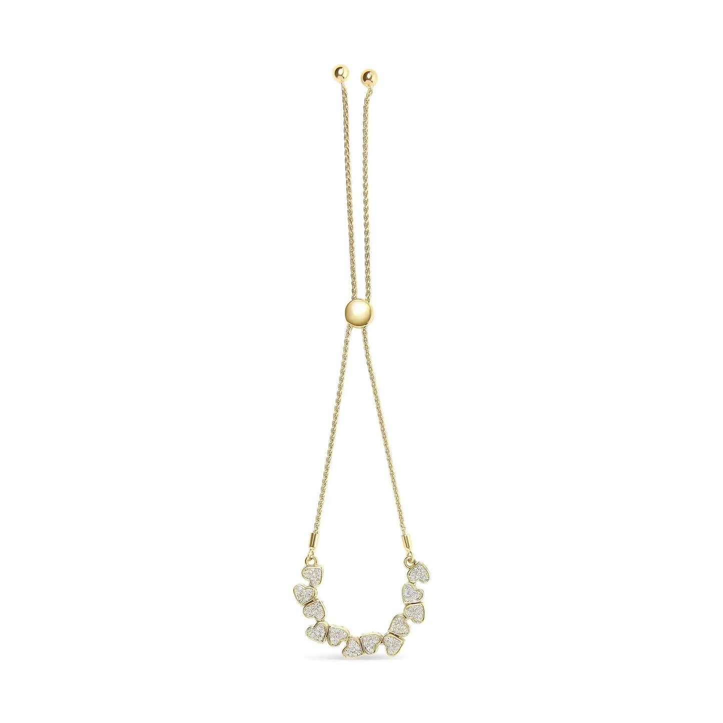 Yellow Gold Plated .925 Sterling Silver 1/2 Cttw Diamond Sideways Hearts Bolo Bracelet (H - I Color, I1 - I2 Clarity) - 4” - 10” Adjustable | | Elegant Emulations Jewelry USA