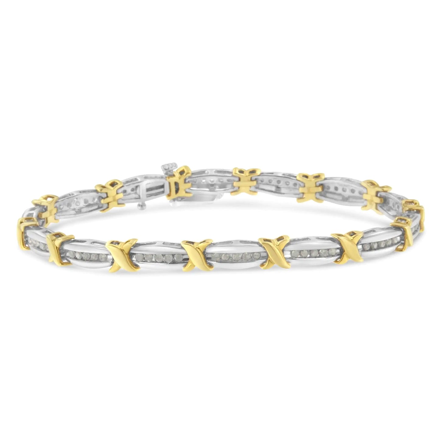 Two-Tone 10K Yellow Gold over .925 Sterling Silver 1.0 Cttw Diamond Channel Set Tapered & X-Link 7" Tennis Bracelet (H-I Color, I2-I3 Clarity) - Elegant Emulations