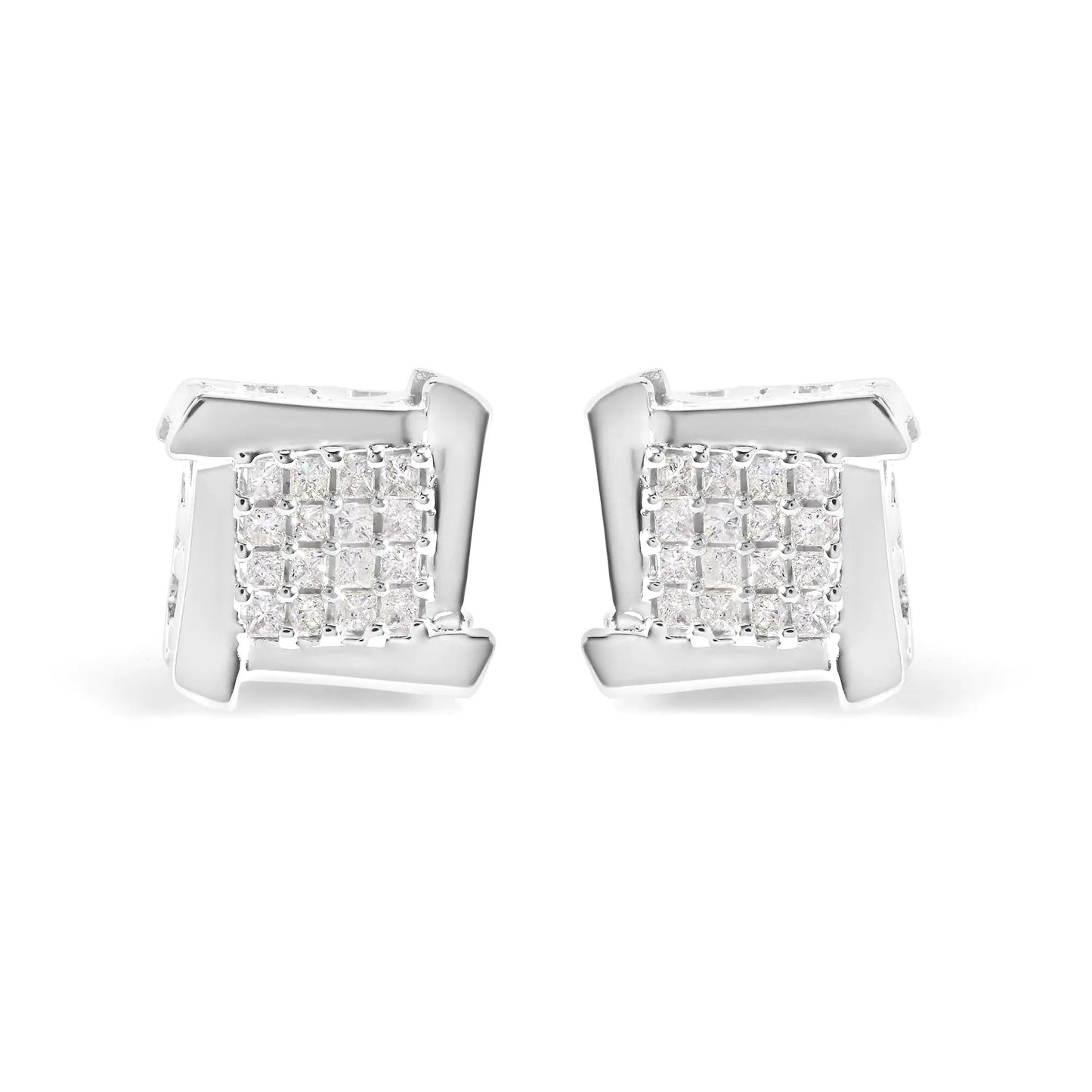 10K White Gold Swirl Princess Diamond Studs - 1/2 Cttw