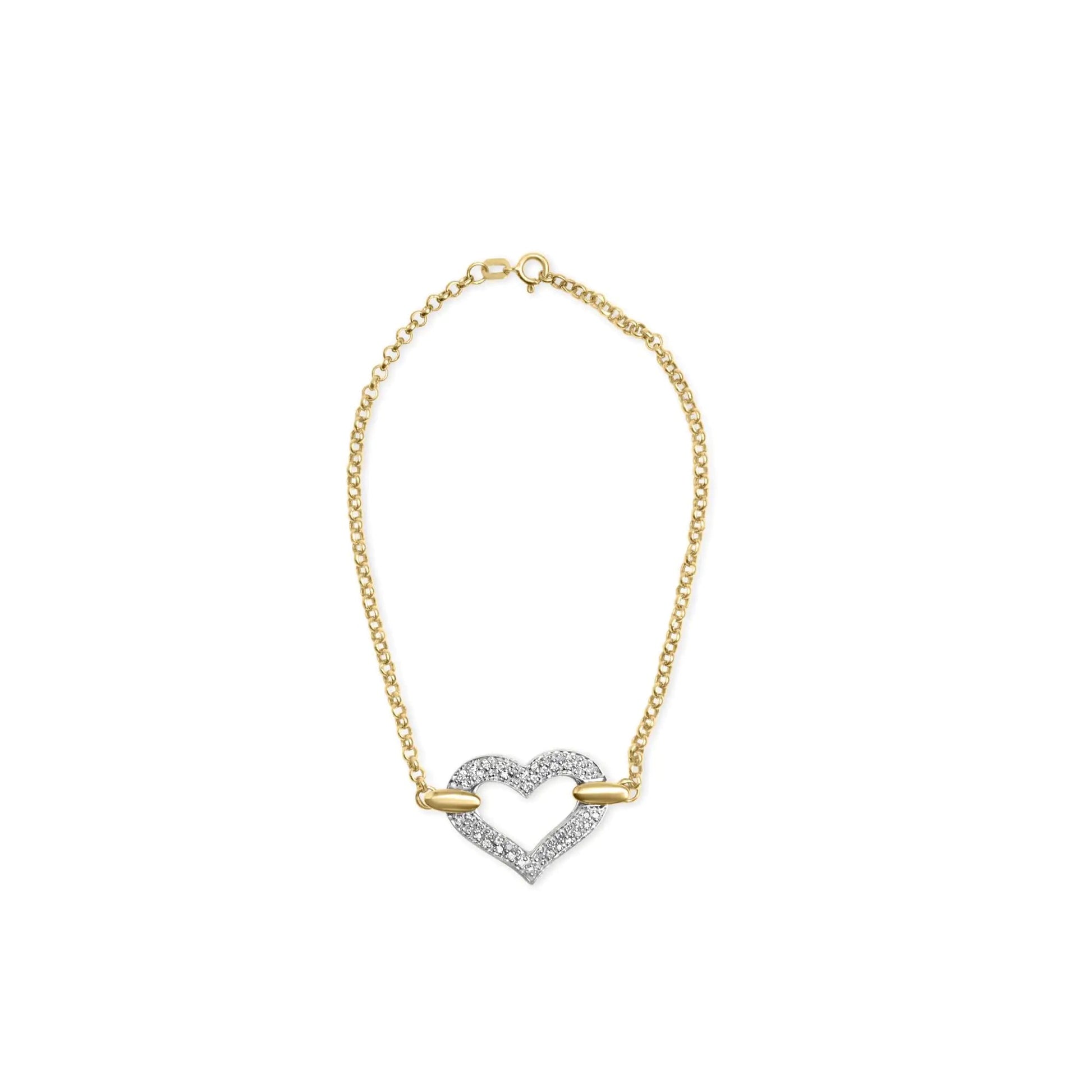 10K Two Tone Gold 1/4 Cttw Diamond Encrusted Heart Charm 7" Bracelet (H - I Color, I1 - I2 Clarity) | | Elegant Emulations Jewelry USA