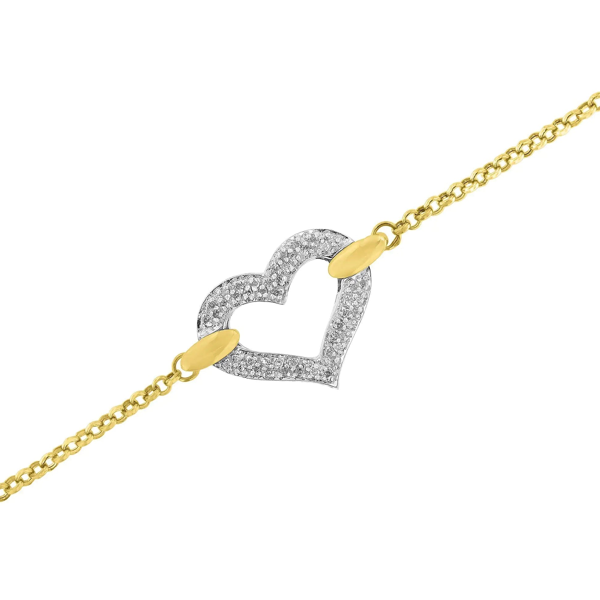 10K Two Tone Gold 1/4 Cttw Diamond Encrusted Heart Charm 7" Bracelet (H - I Color, I1 - I2 Clarity) | | Elegant Emulations Jewelry USA