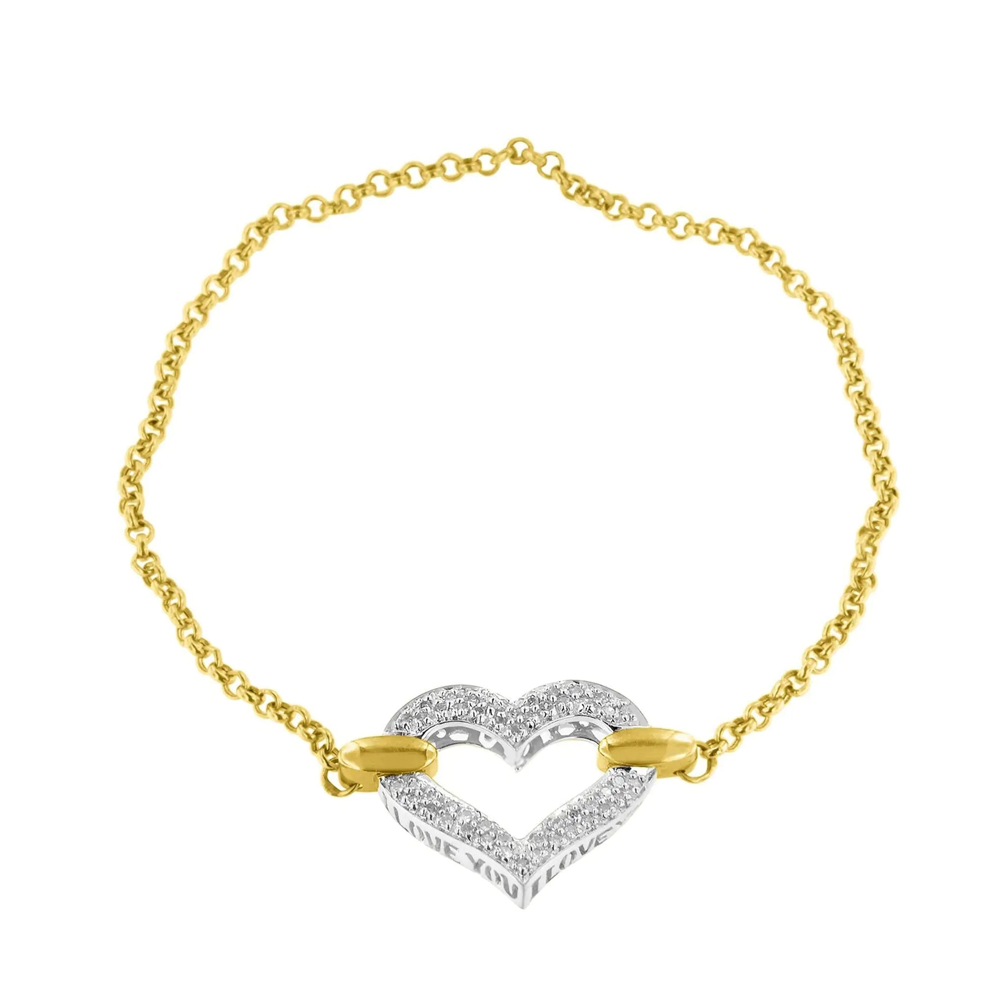 10K Two Tone Gold 1/4 Cttw Diamond Encrusted Heart Charm 7" Bracelet (H - I Color, I1 - I2 Clarity) | | Elegant Emulations Jewelry USA