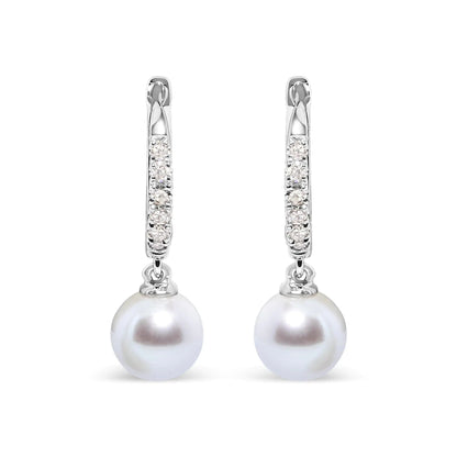 10K White Gold 6x6 MM Cultured Freshwater Pearl and Diamond Accent Drop Huggy Earring (H - I Color, I1 - I2 Clarity) | | Elegant Emulations Jewelry USA