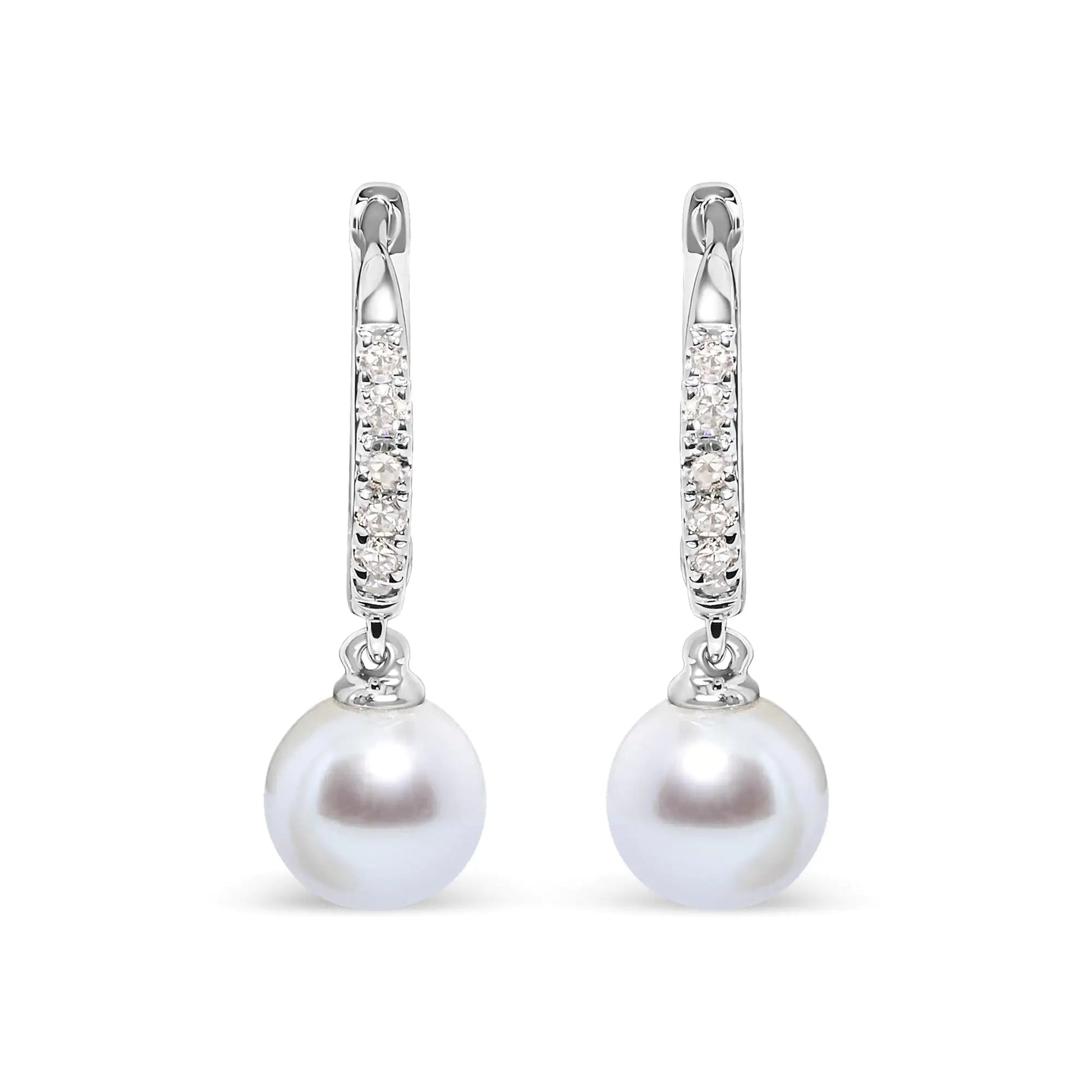 10K White Gold 6x6 MM Cultured Freshwater Pearl and Diamond Accent Drop Huggy Earring (H - I Color, I1 - I2 Clarity) | | Elegant Emulations Jewelry USA