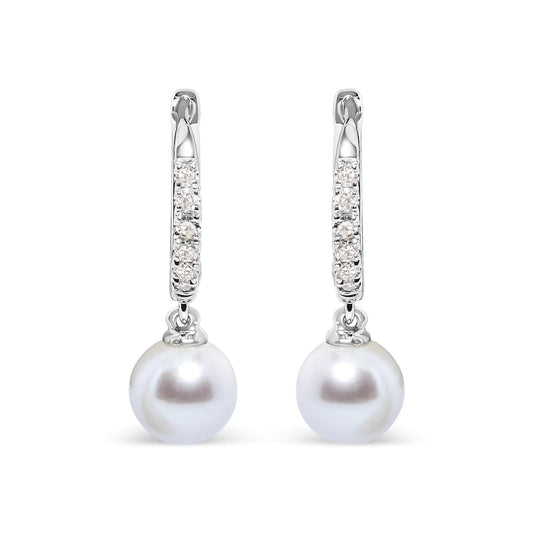 10K White Gold 6x6 MM Cultured Freshwater Pearl and Diamond Accent Drop Huggy Earring (H - I Color, I1 - I2 Clarity) | | Elegant Emulations Jewelry USA