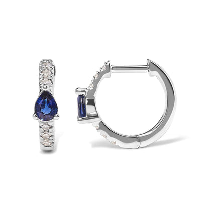 10K White Gold Pear Shaped Blue Sapphire and 1/10 Cttw Diamond Huggy Hoop Earrings (H - I Color, I1 - I2 Clarity) | | Elegant Emulations Jewelry USA