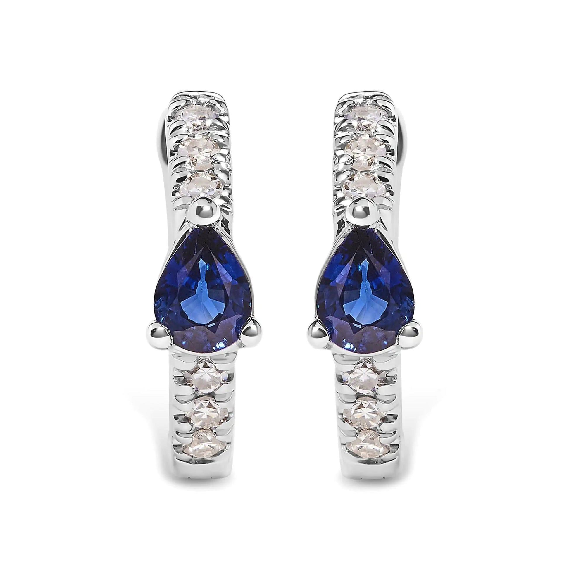 10K White Gold Pear Shaped Blue Sapphire and 1/10 Cttw Diamond Huggy Hoop Earrings (H - I Color, I1 - I2 Clarity) | | Elegant Emulations Jewelry USA