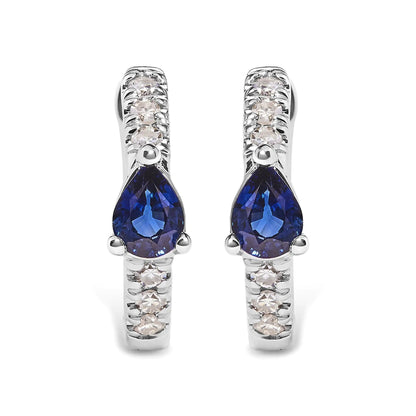 10K White Gold Pear Shaped Blue Sapphire and 1/10 Cttw Diamond Huggy Hoop Earrings (H - I Color, I1 - I2 Clarity) | | Elegant Emulations Jewelry USA
