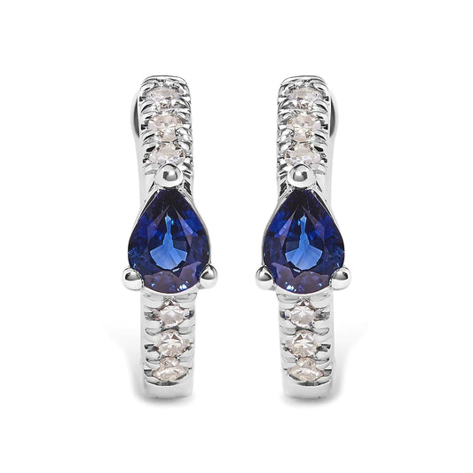 10K White Gold Pear Shaped Blue Sapphire and 1/10 Cttw Diamond Huggy Hoop Earrings (H - I Color, I1 - I2 Clarity) | | Elegant Emulations Jewelry USA