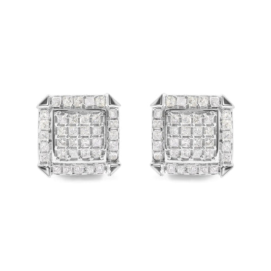10K White Gold Princess Diamond Halo Studs 1.1cttw | Earrings | Elegant Emulations Jewelry USA