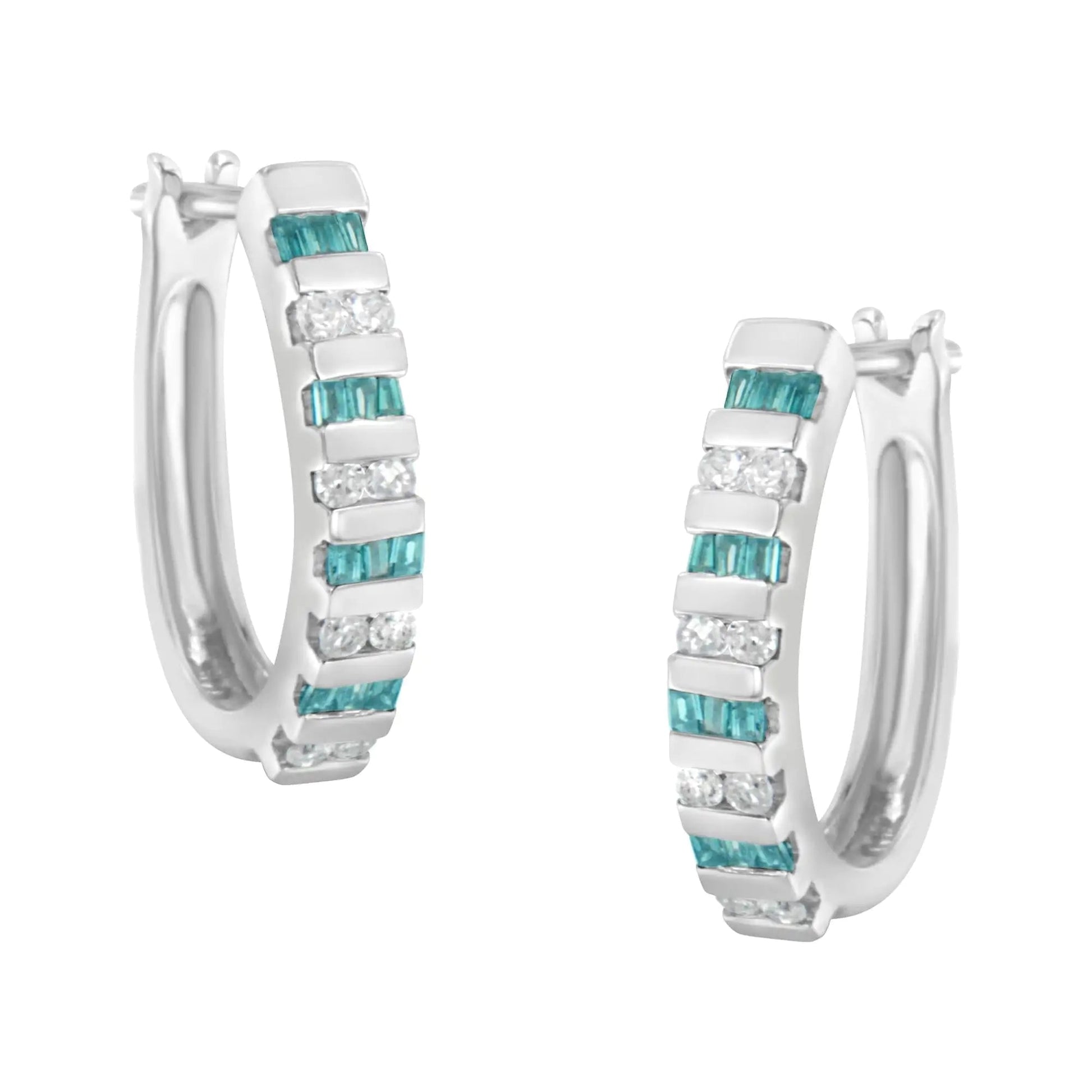 10k White Gold Round and Blue Baguette Diamond Hoop Earrings (0.50 cttw, I - J Color, I2 - I3 Clarity) | | Elegant Emulations Jewelry USA